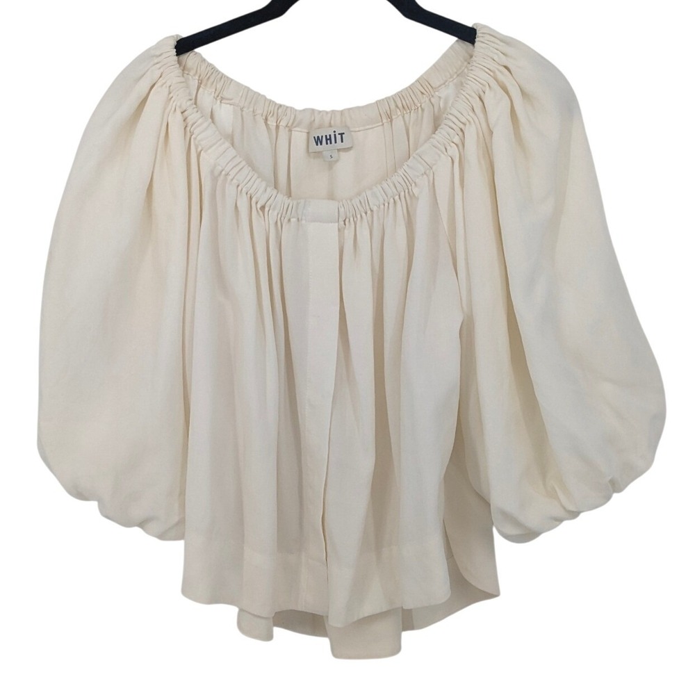 WHIT Puff Sleeve Top Womens Small Cream Button‎ Up Blouse Cottagecore Boho Boxy